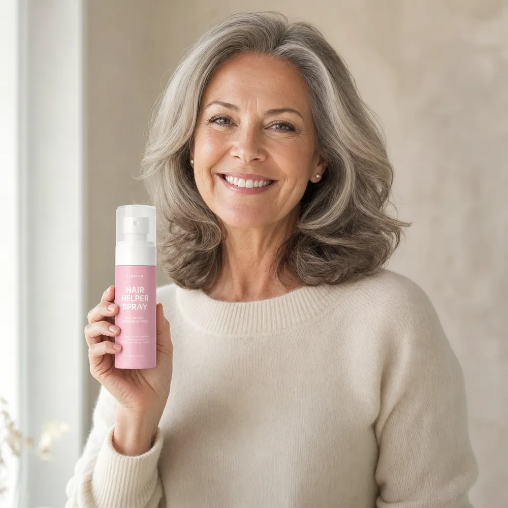 Smiling woman holding a bottle of Hair Helper