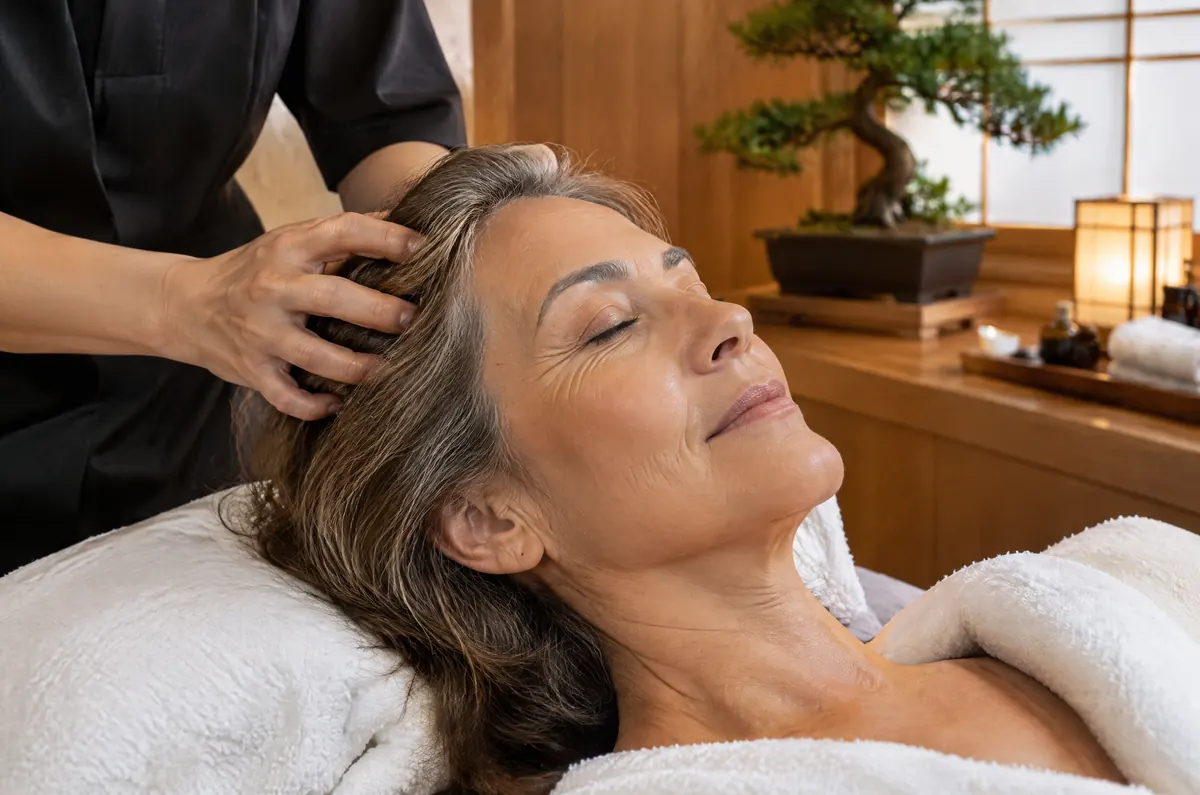 Woman receiving a scalp massage at a Japanese head spa