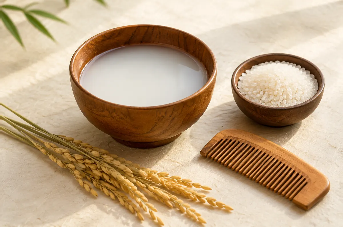 Bowl of rice water, uncooked rice, rice stalks and a wooden comb