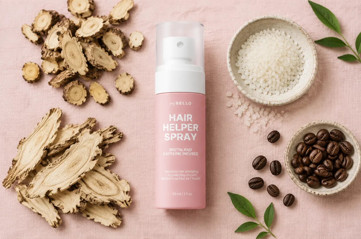 Hair Helper bottle with sophora root, angelica root, rice and coffee beans